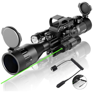 4-16x50AO Rifle Scope Combo Red/Green Dual Illuminated with Tail Switch Green Laser 4 Holographic Reticle Red Dot 5Modes Flashlight for Rail Mount