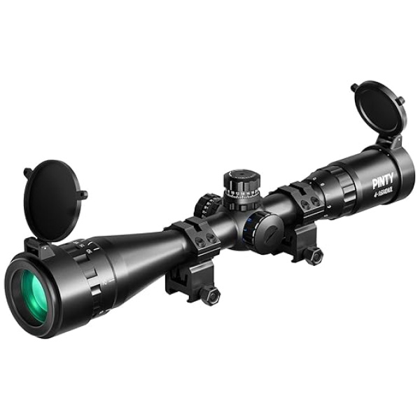 Pinty 4-16X40 Rifle Scope AO Red Green Blue Illuminated Mil Dot with Flip-Open Covers, Sunshade Tube