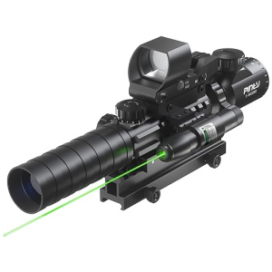 Pinty 4-in-1 Rifle Scope Combo, 3-9x32 Rangefinder Scope, Red & Green Dot Sight, Laser, and 14 Slots Riser