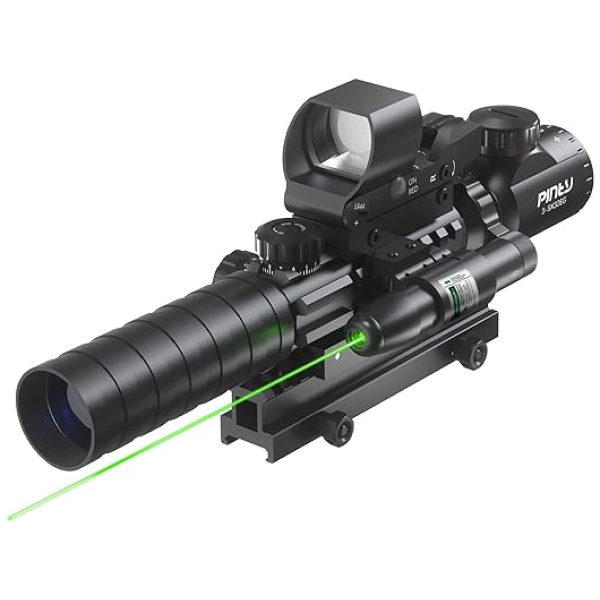 Pinty 4-in-1 Rifle Scope Combo, 3-9x32 Rangefinder Scope, Red & Green Dot Sight, Laser, and 14 Slots Riser