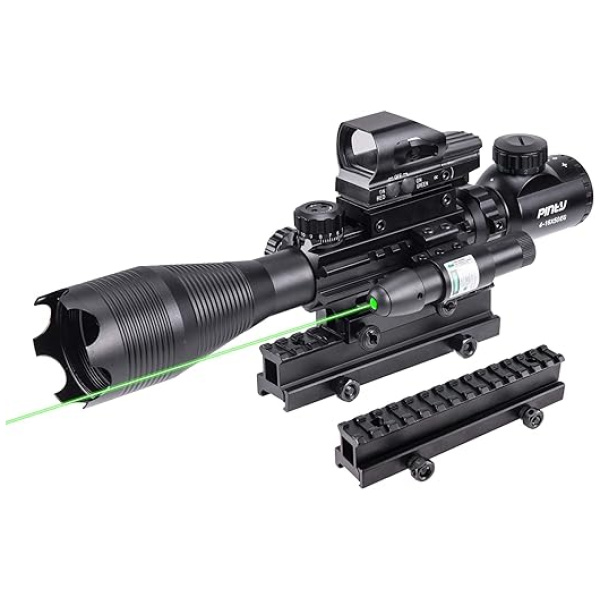 Pinty Rifle Scope 4-16X50 Illuminated Optics Sight Green Laser, Reflex Holographic Dot Sight, 14 Slots 1 inch High Riser Mount