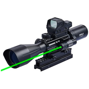 PINTY Rifle Scope Red Dot Laser Combo 4-12x50 Illuminated Optics with 4 Reticle Red Green Reflex Sight, Green Dot Laser Sight