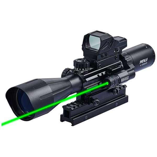 PINTY Rifle Scope Red Dot Laser Combo 4-12x50 Illuminated Optics with 4 Reticle Red Green Reflex Sight, Green Dot Laser Sight