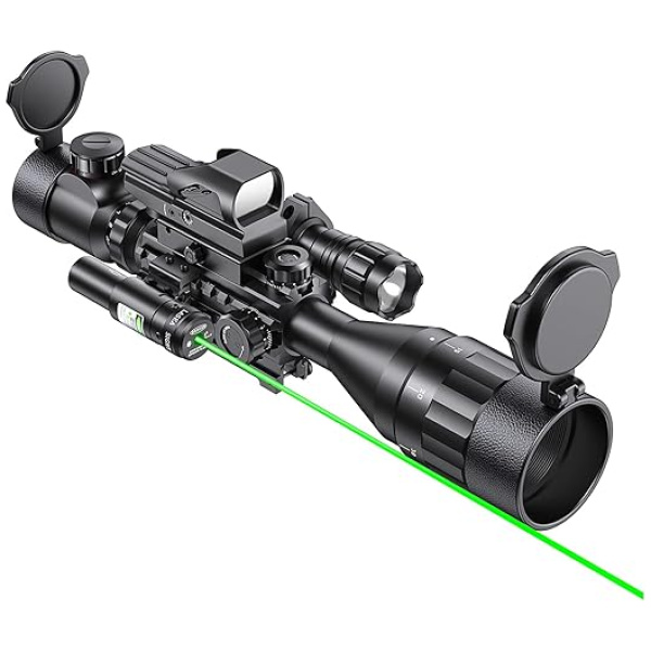Qande 4-16x50AO Rifle Scope Red/Green Illuminated Reflex with Green Laser Sight 4 Holographic Reticle Red Dot for Rail Mount - 5 Brightness Modes...