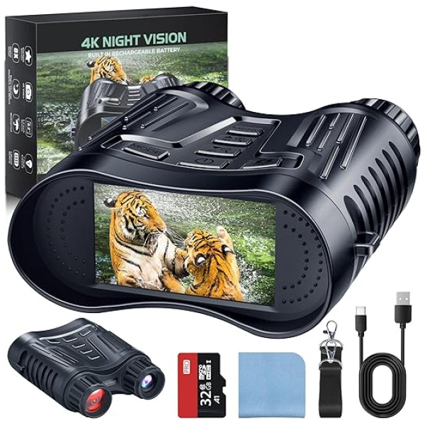 Ruaiok 4K Night Vision Goggles, Infrared Night Vision Binoculars for Adults, 3.2'' Large Screen, 8X Digital Zoom, 32GB Card to Save Photos and...
