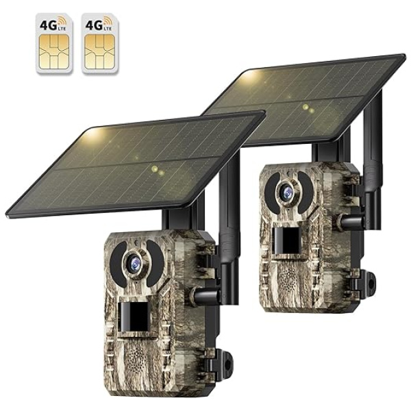 SEHMUA 4G LTE Cellular Trail Cameras 2 Pack, 3rd Gen Solar Game Camera with Live-Streaming and Night Vision, 0.2s Trigger Time & Remote Phone...